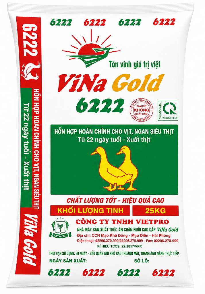 Vina Gold 6222 - Hỗn hợp hoàn chỉnh cho vịt, ngan siêu thịt từ 22 ngày tuổi - xuất thịt